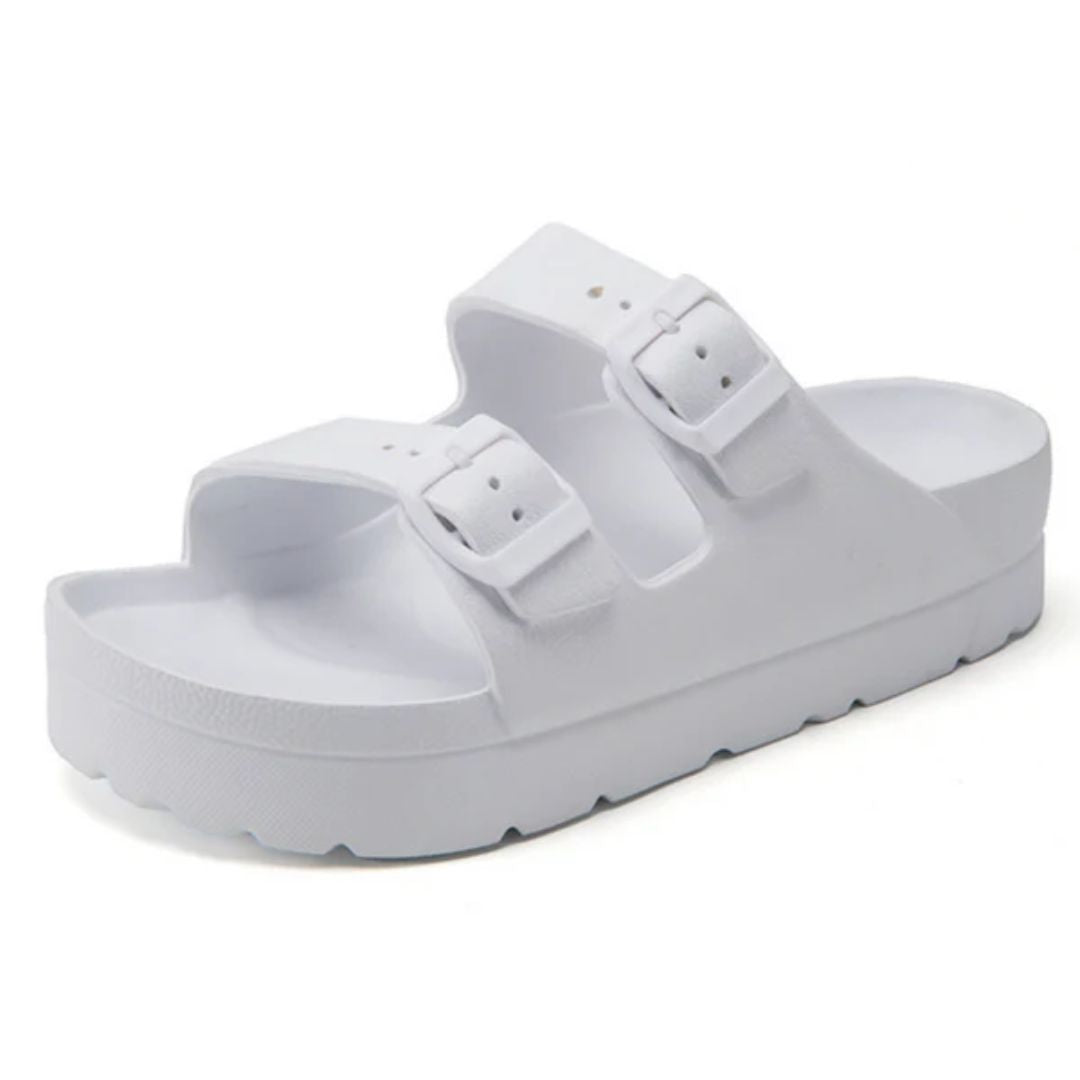 Weiße Sandale mit zwei Schnallen, rutschfeste Sohle, Unisex-Sommerschuh, bequem, modern.