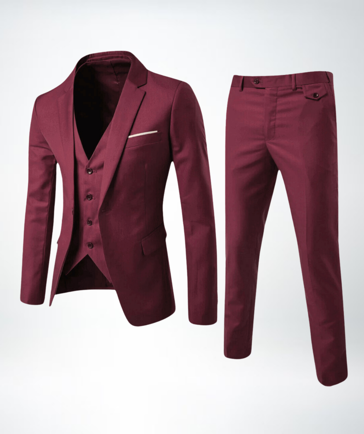 Bordeaux Anzug für Herren, dreiteilig, elegant, Slim Fit, Hochzeit, Business, Anzugmode.