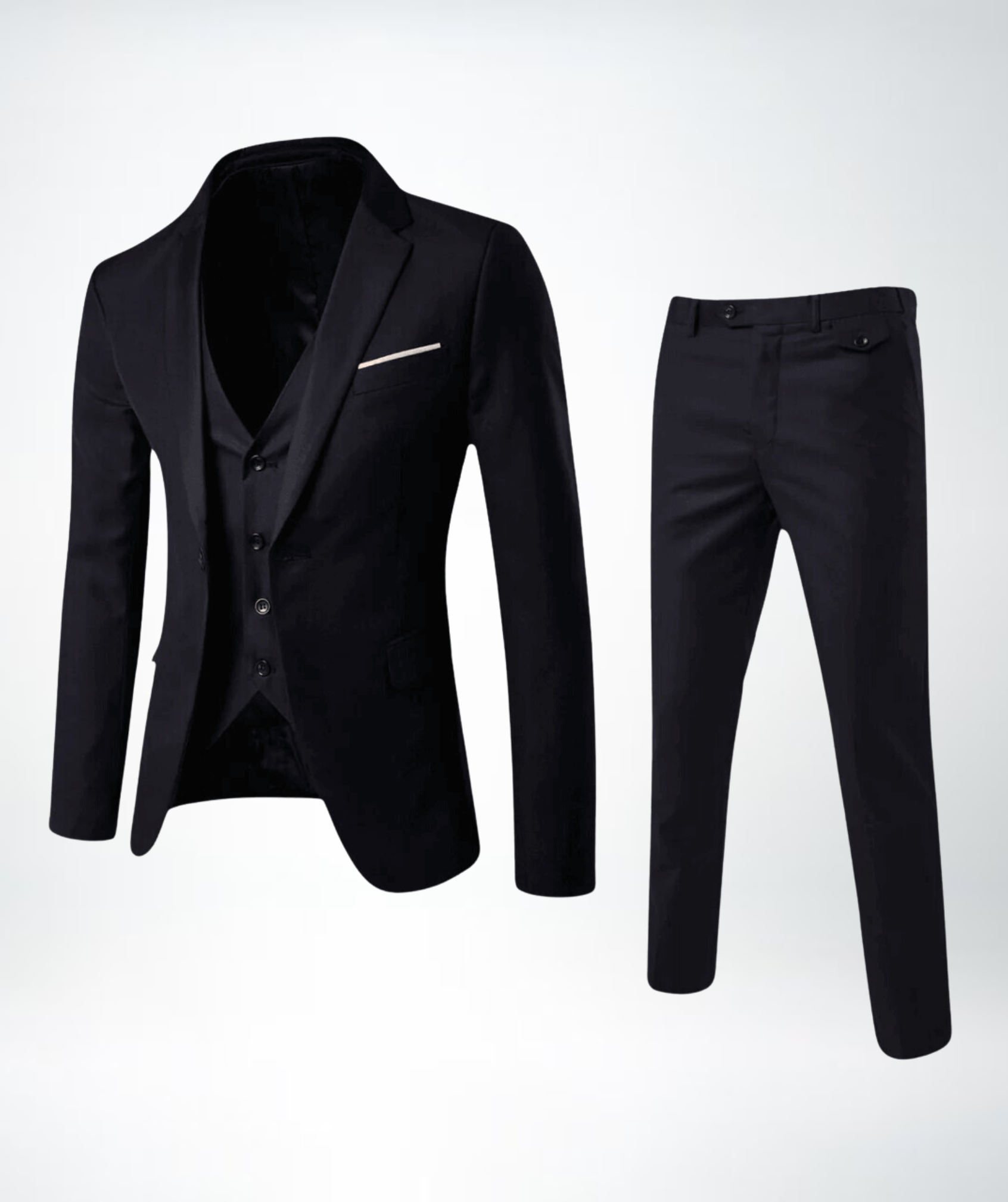 Schwarzer Herrenanzug, dreiteilig, elegant, Slim Fit, für formelle Anlässe.
