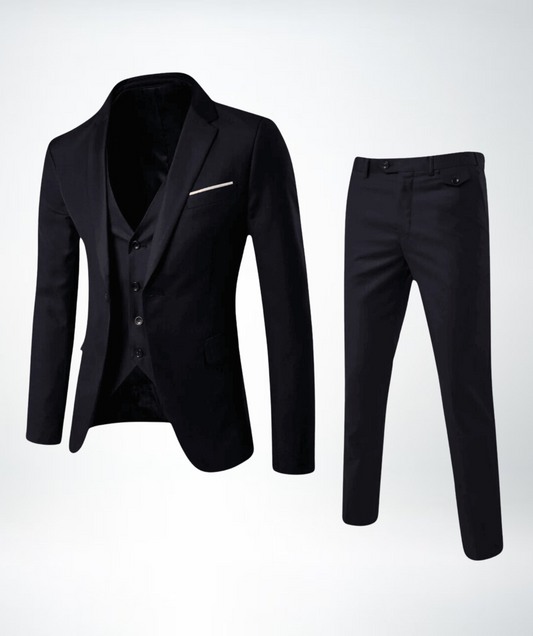 Schwarzer Herrenanzug, dreiteilig, elegant, Slim Fit, für formelle Anlässe.