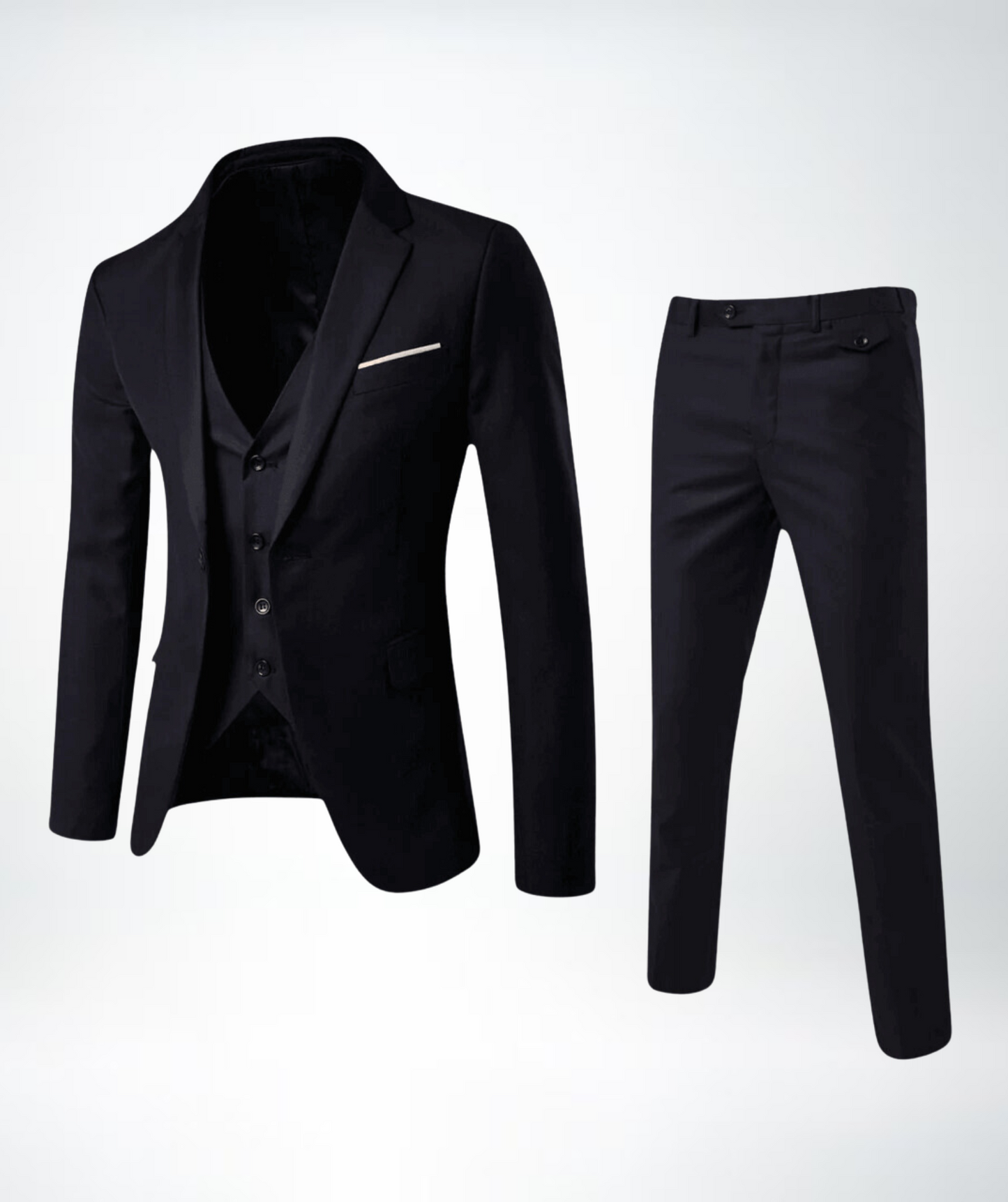 Schwarzer Herrenanzug, dreiteilig, elegant, Sakko, Weste, Hose, formelle Kleidung, Businessmode.