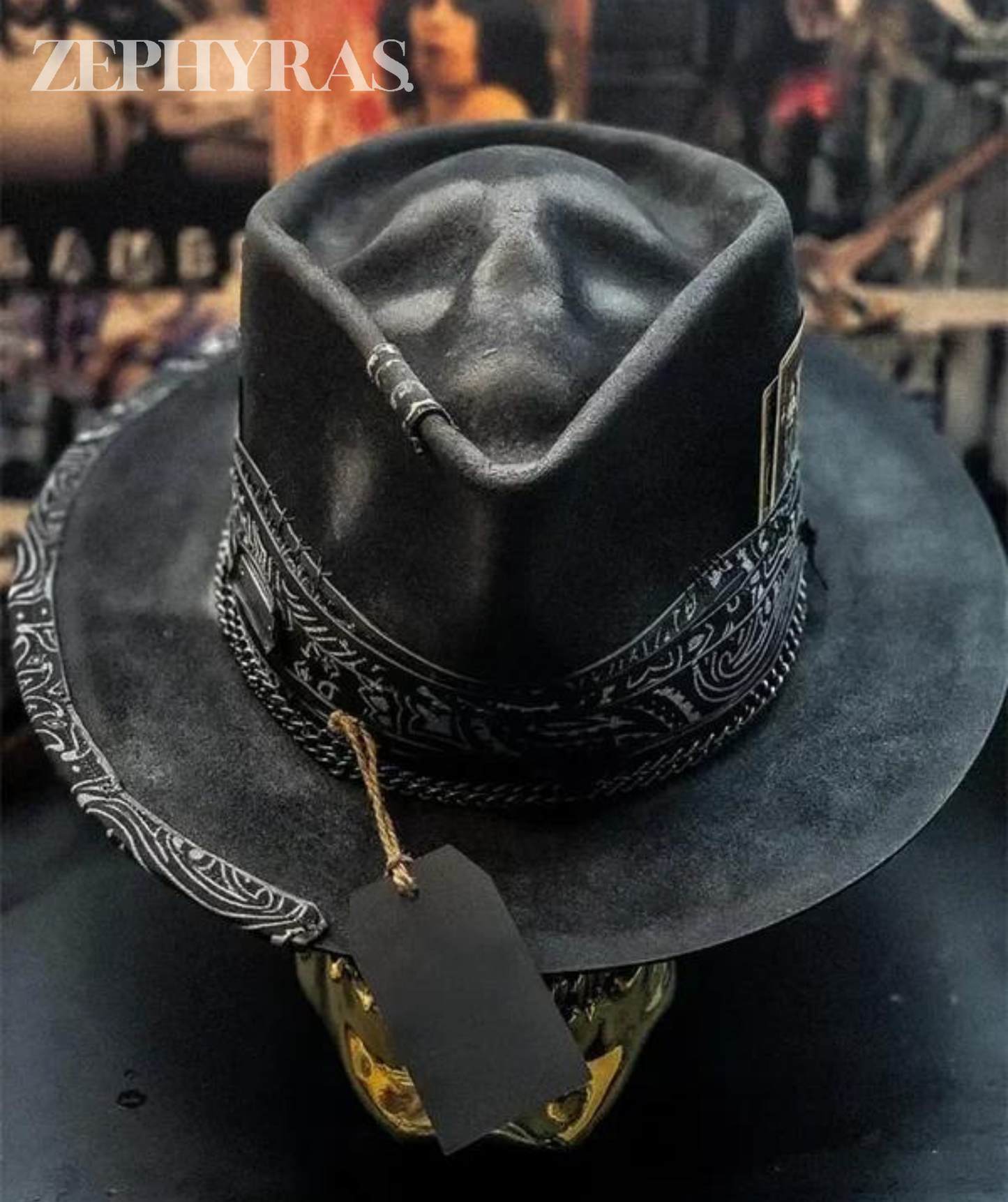 Schwarzer Lederhut mit Paisley-Band, Westernstil, Unisex, modisch, hochwertig.