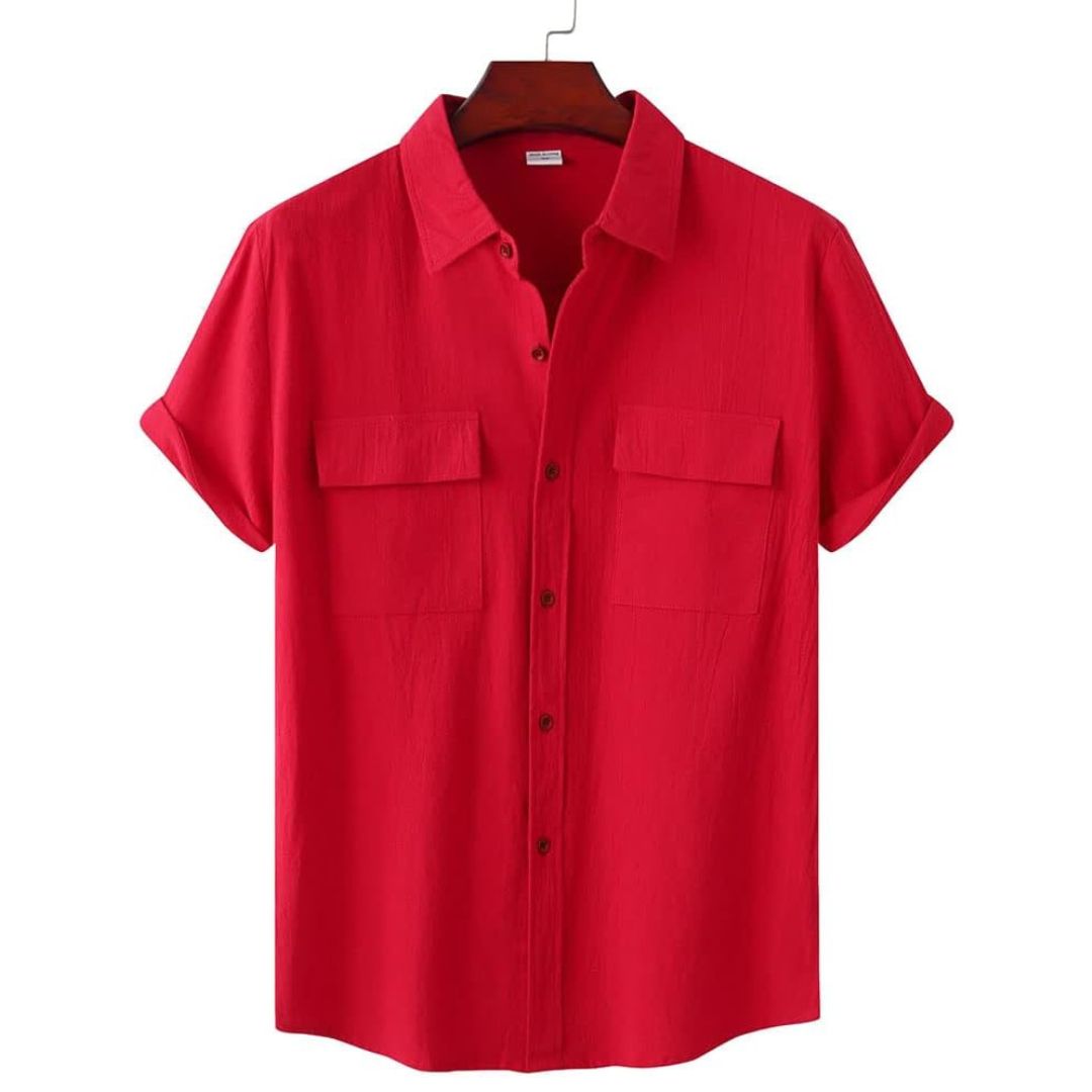 Rotes Kurzarmhemd aus Baumwolle, Knopfleiste, zwei Brusttaschen, lässiger Stil.
