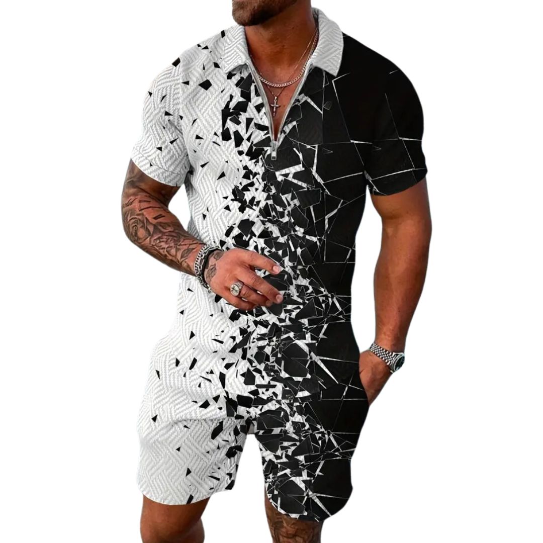 Herren Jumpsuit, schwarz-weiß, geometrisches Muster, Kurzarm, Freizeitmode, Sommeroutfit