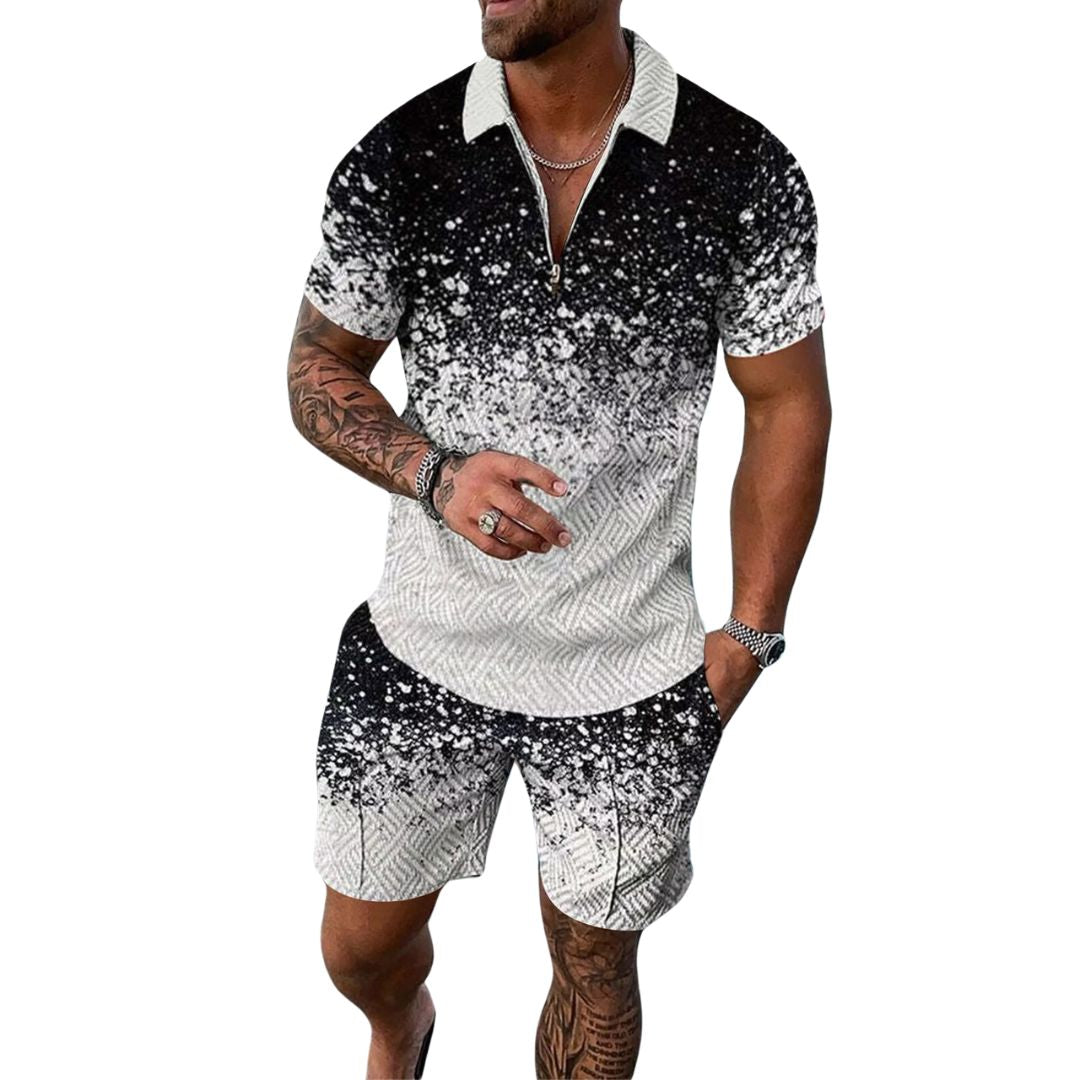 Herren Sommer-Set, schwarz-weiß, Kurzarmhemd und Shorts, lässig, modern, Baumwolle.