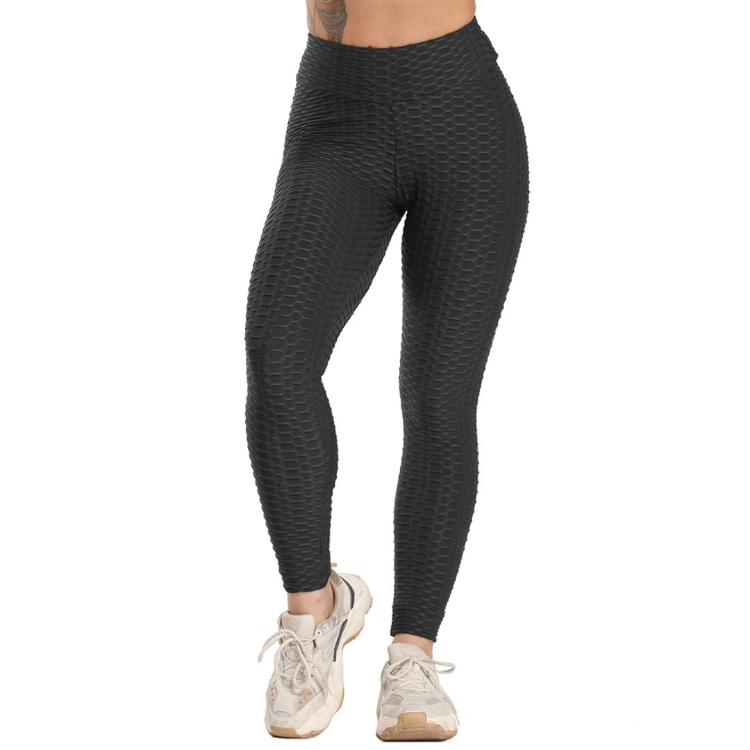 Damen schwarze Leggings mit Wabenmuster, hoch tailliert, ideal für Fitness und Sport.
