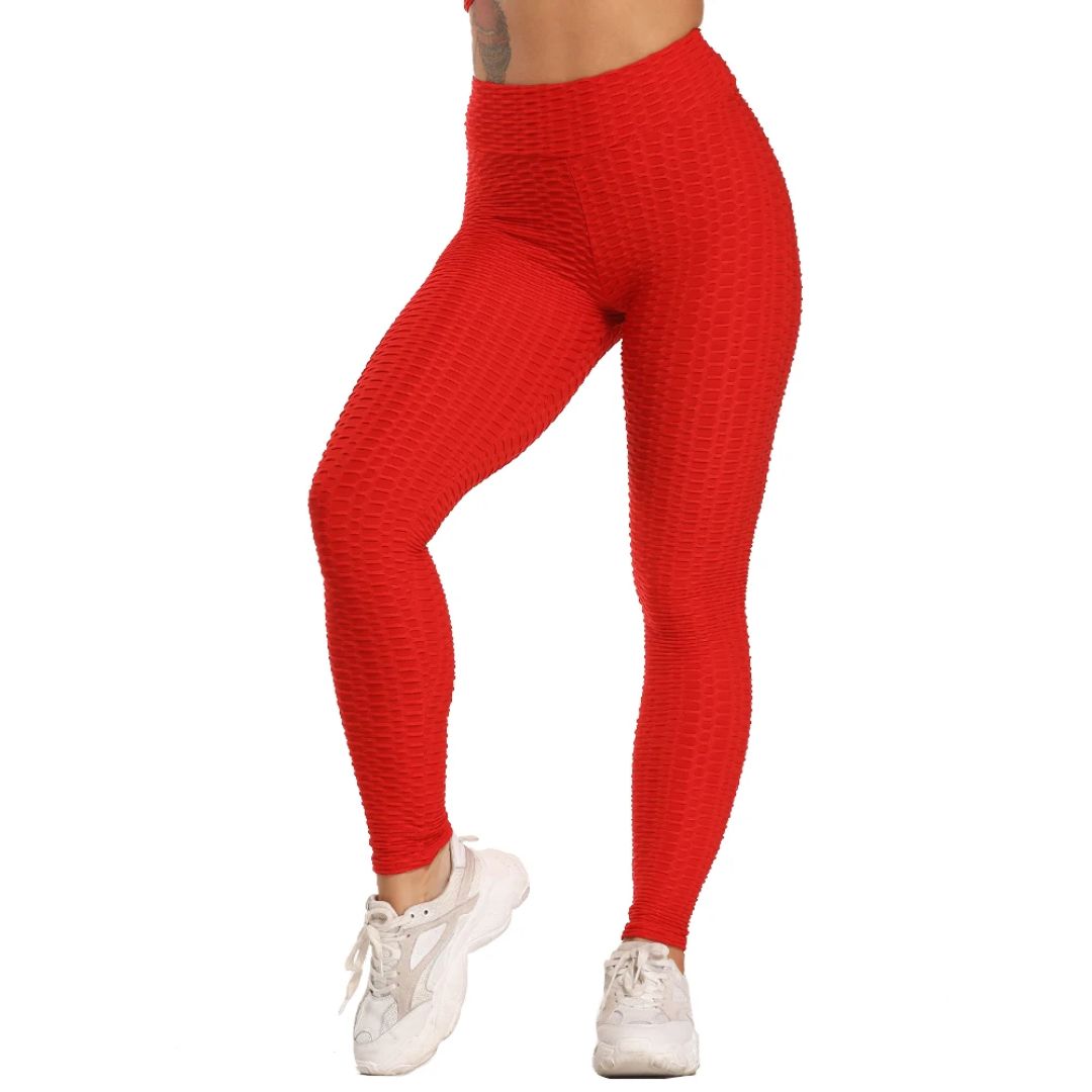 Rote Damen-Sportleggings, nahtlos, strukturierte Oberfläche, ideal für Fitness und Yoga.