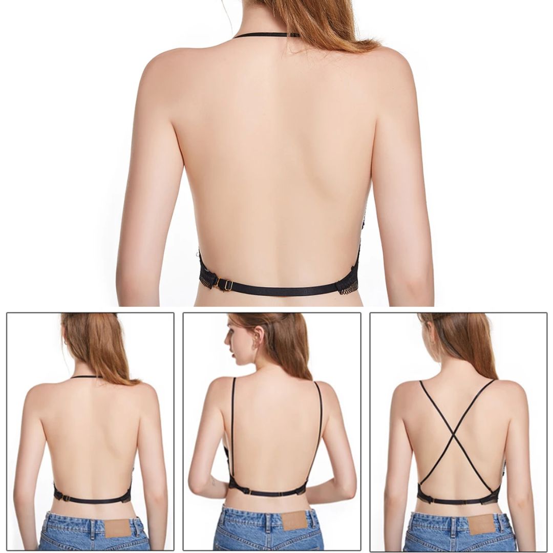 Rückenfreier BH, schwarz, verstellbar, Damenmode, unsichtbarer Halt, sexy Dessous.