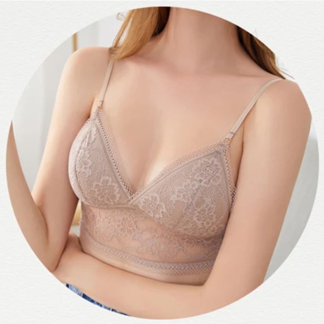 Damen-Spitzen-Bralette in Beige, verstellbare Träger, florales Design, bequem, modisch.
