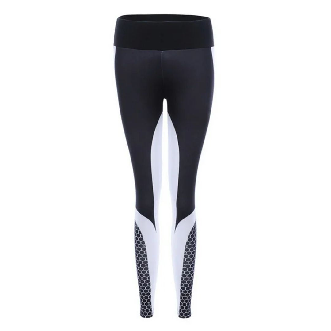Schwarze Damen-Leggings mit weißem Muster, Sportbekleidung, elastisch, bequem.