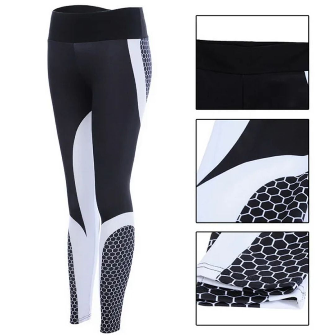 Schwarz-weiße Damen-Leggings mit geometrischem Muster, Sportbekleidung, elastisch, bequem.