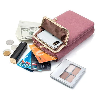 Rosa Lederhandtasche mit Smartphone, Kreditkarten, Bargeld und Make-up, ideal für Damen.