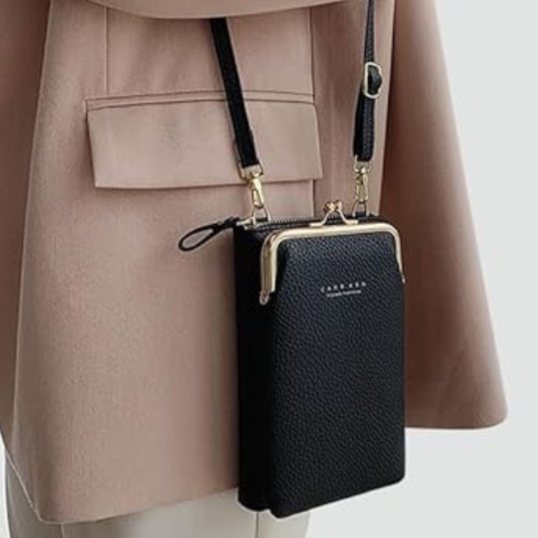 Schwarze Leder-Handytasche mit Schulterriemen, elegant, modisch, Damen-Accessoire.