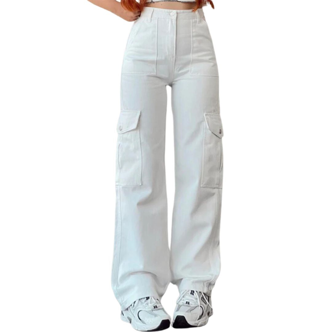 Weiße Damen-Cargohose, hohe Taille, weites Bein, Taschen, modisch, Streetwear.