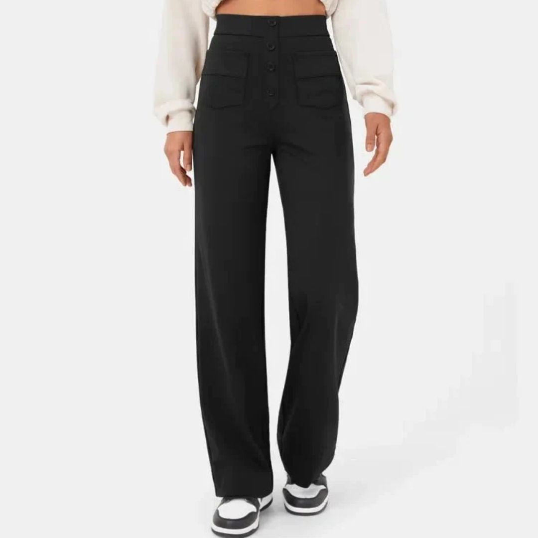 Damenhose schwarz, hohe Taille, weites Bein, Knopfverschluss, modisch, elegant, Freizeitkleidung.