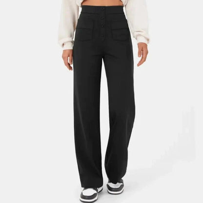 Damenhose schwarz, hohe Taille, weites Bein, Knopfverschluss, modisch, elegant, Freizeitkleidung.