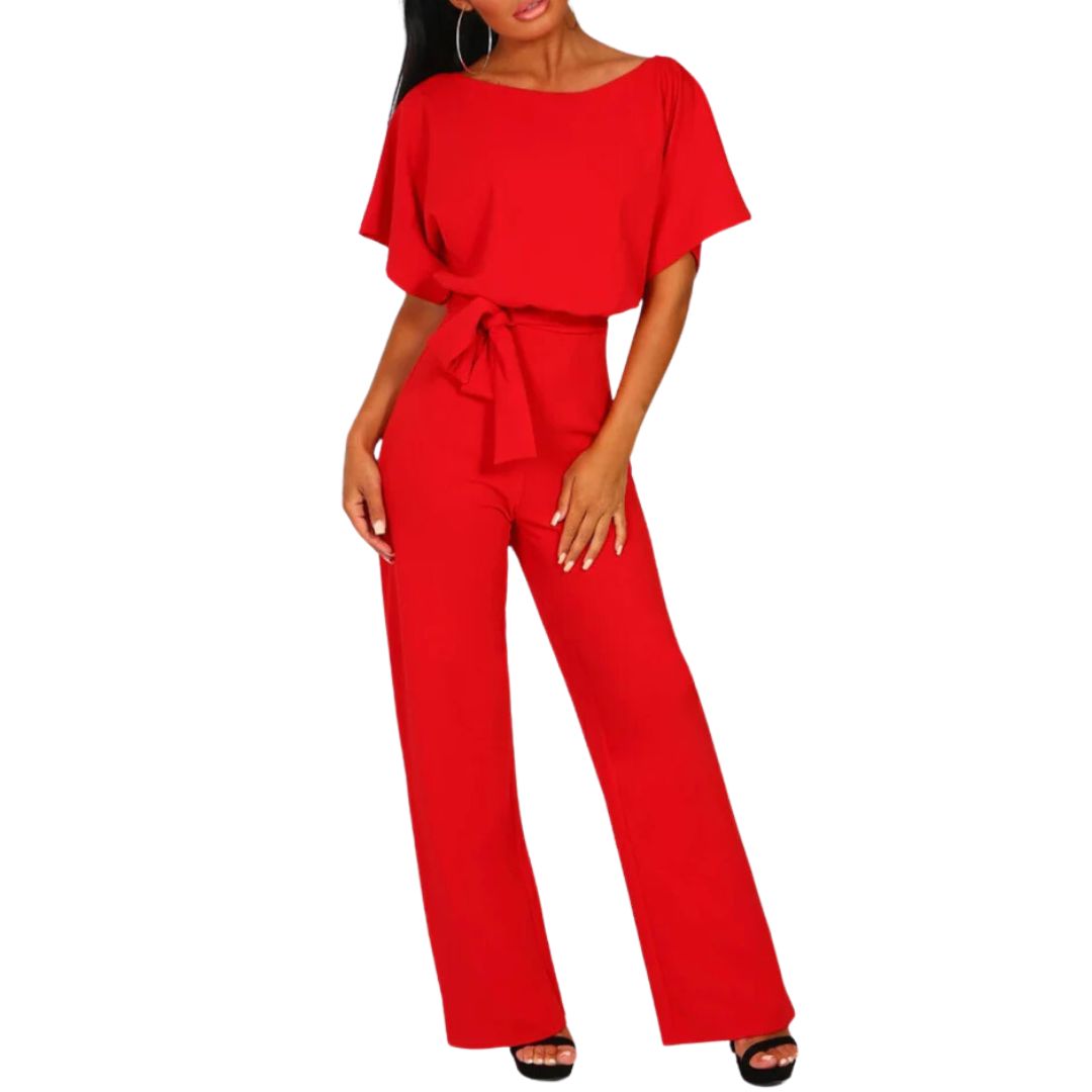 Roter Damen-Jumpsuit mit Gürtel, Kurzarm, elegantes Design, ideal für Sommermode.