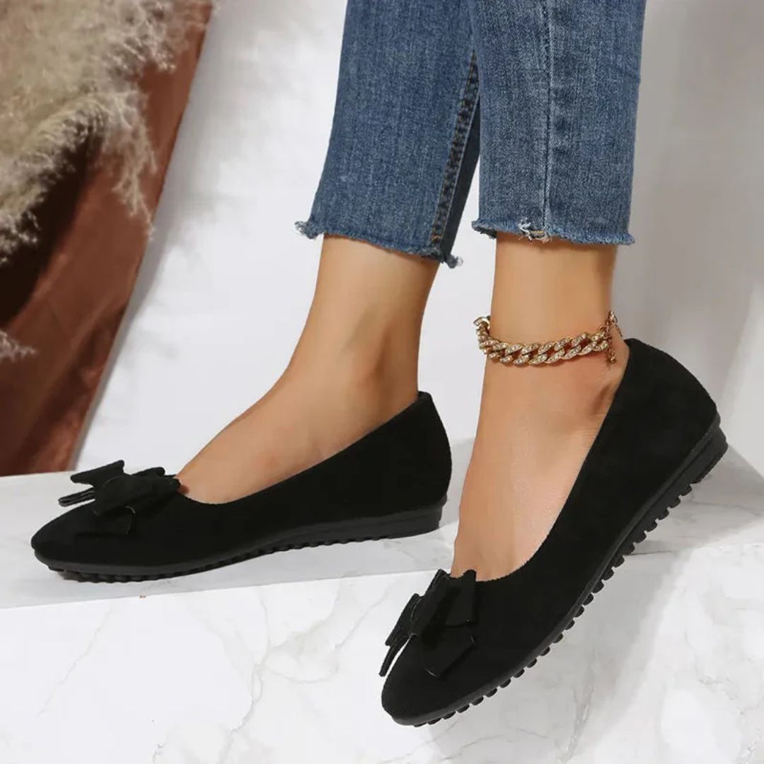 Damen schwarze Ballerinas Wildleder mit Schleife, elegante flache Schuhe, modisch, bequem.