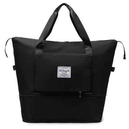 Schwarze Reisetasche, wasserdicht, mit Reißverschluss und Tragegriffen, ideal für Reisen.