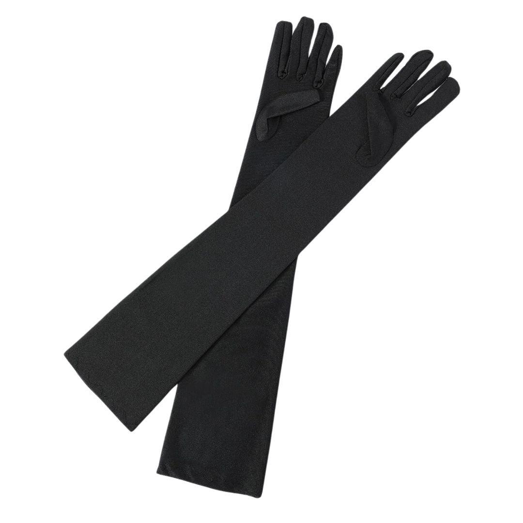 Lange schwarze Abendhandschuhe aus Satin, elegant, Damenmode, Accessoire, festliche Kleidung.