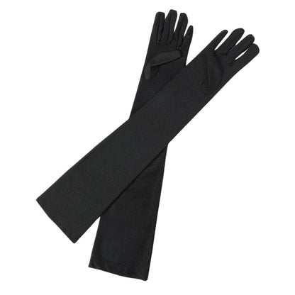 Lange schwarze Abendhandschuhe aus Satin, elegant, Damenmode, Accessoire, festliche Kleidung.