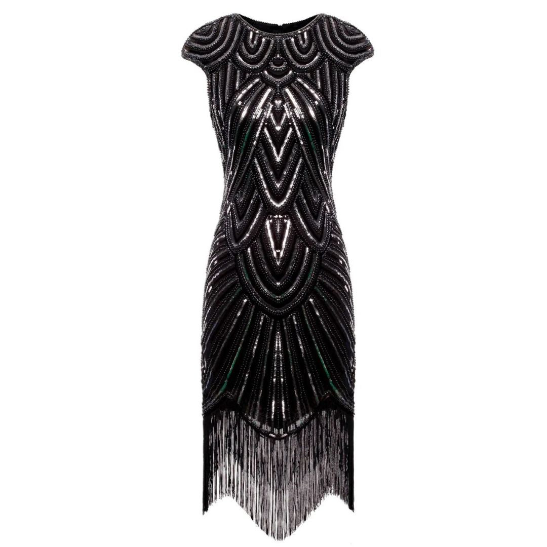 Schwarzes Paillettenkleid mit Fransen, Art-Deco-Stil, elegantes Abendkleid, Damenmode.