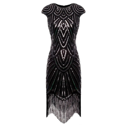 Schwarzes Paillettenkleid mit Fransen, Art-Deco-Stil, elegantes Abendkleid, Damenmode.