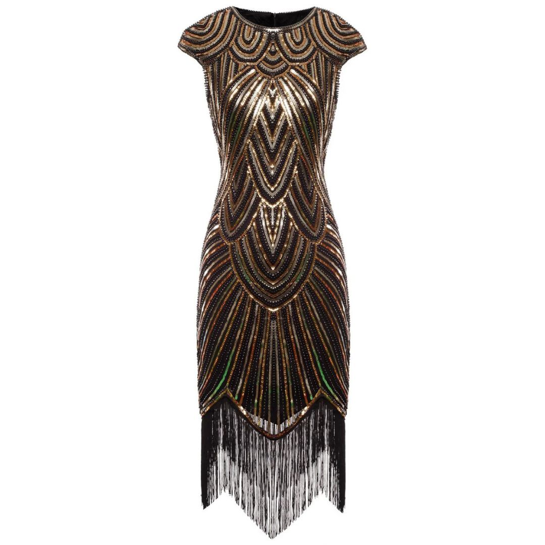 Art-Deco-Kleid mit Pailletten, schwarz-gold, Fransen, Abendmode, elegant, Damenmode.