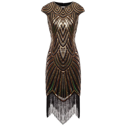 Art-Deco-Kleid mit Pailletten, schwarz-gold, Fransen, Abendmode, elegant, Damenmode.