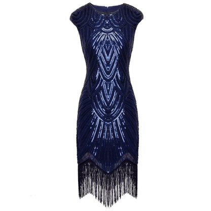 Dunkelblaues Paillettenkleid mit Fransen, ärmellos, elegantes Abendkleid, Gatsby-Stil.