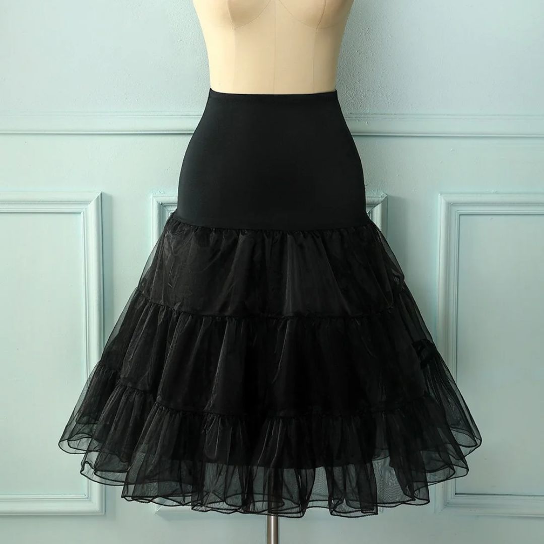 Schwarzer Tüllrock Damen, knielang, elegant, mehrlagig, modisch, für besondere Anlässe.