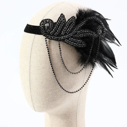Schwarzes 1920er-Jahre Stirnband mit Federn und Perlen, Gatsby-Stil, Vintage-Accessoire.