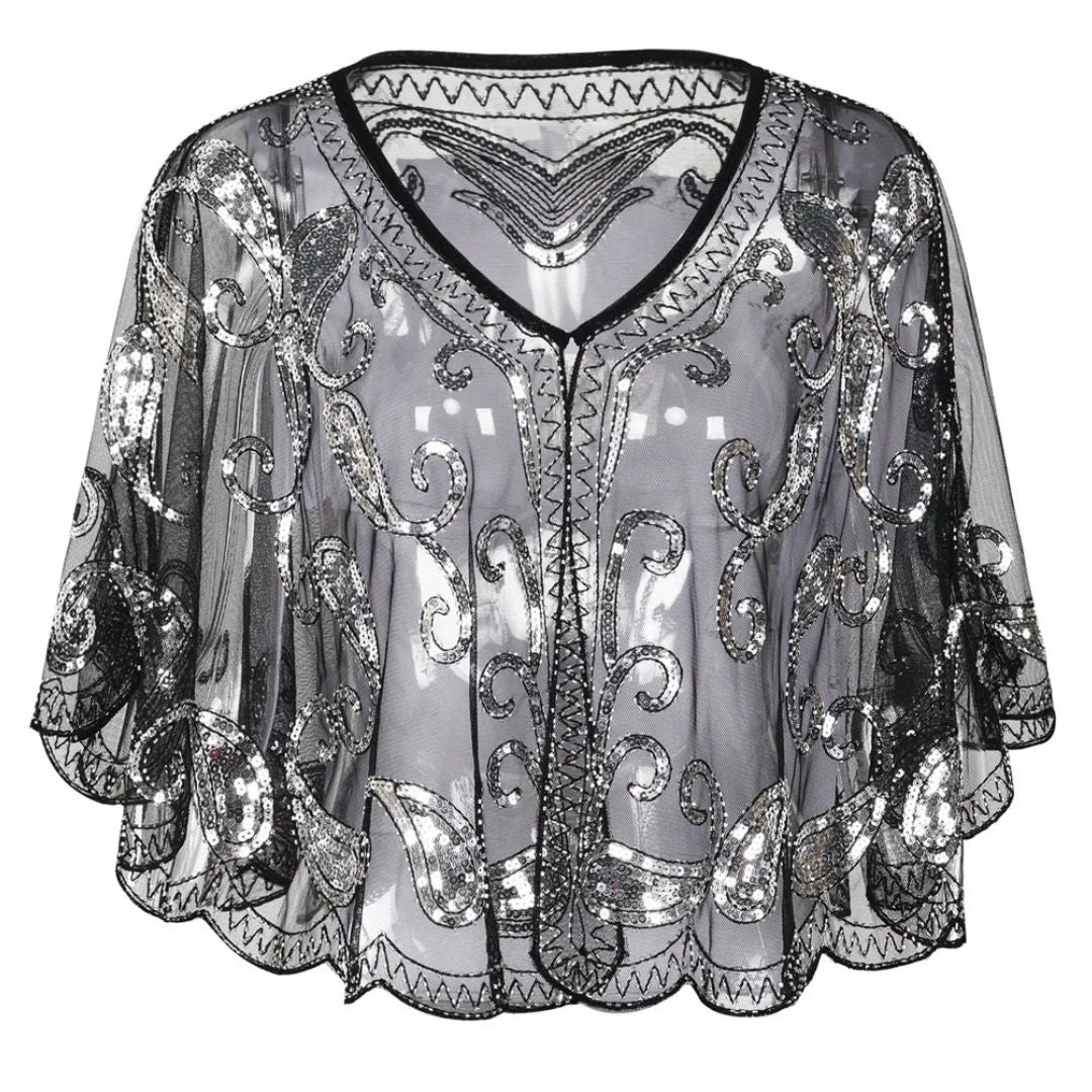 Schwarze Pailletten-Cape, transparent, mit silbernen Verzierungen, elegantes Abendmode-Accessoire.