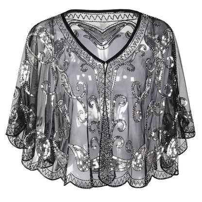 Schwarze Pailletten-Cape, transparent, mit silbernen Verzierungen, elegantes Abendmode-Accessoire.