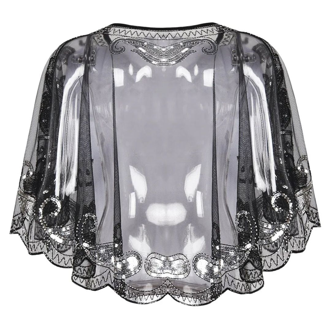 Schwarzes Pailletten-Cape, transparent, elegant, Abendmode, Damen, festlich, Vintage-Stil.
