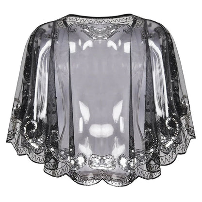Schwarzes Pailletten-Cape, transparent, elegant, Abendmode, Damen, festlich, Vintage-Stil.