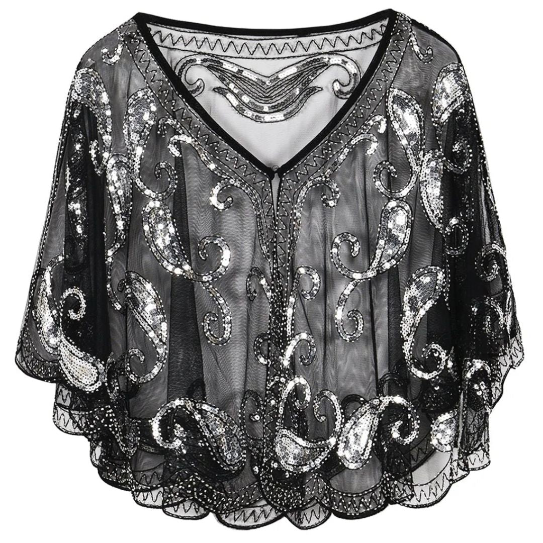 Schwarzes Pailletten-Cape, transparent, mit silbernen Verzierungen, elegantes Abendaccessoire.