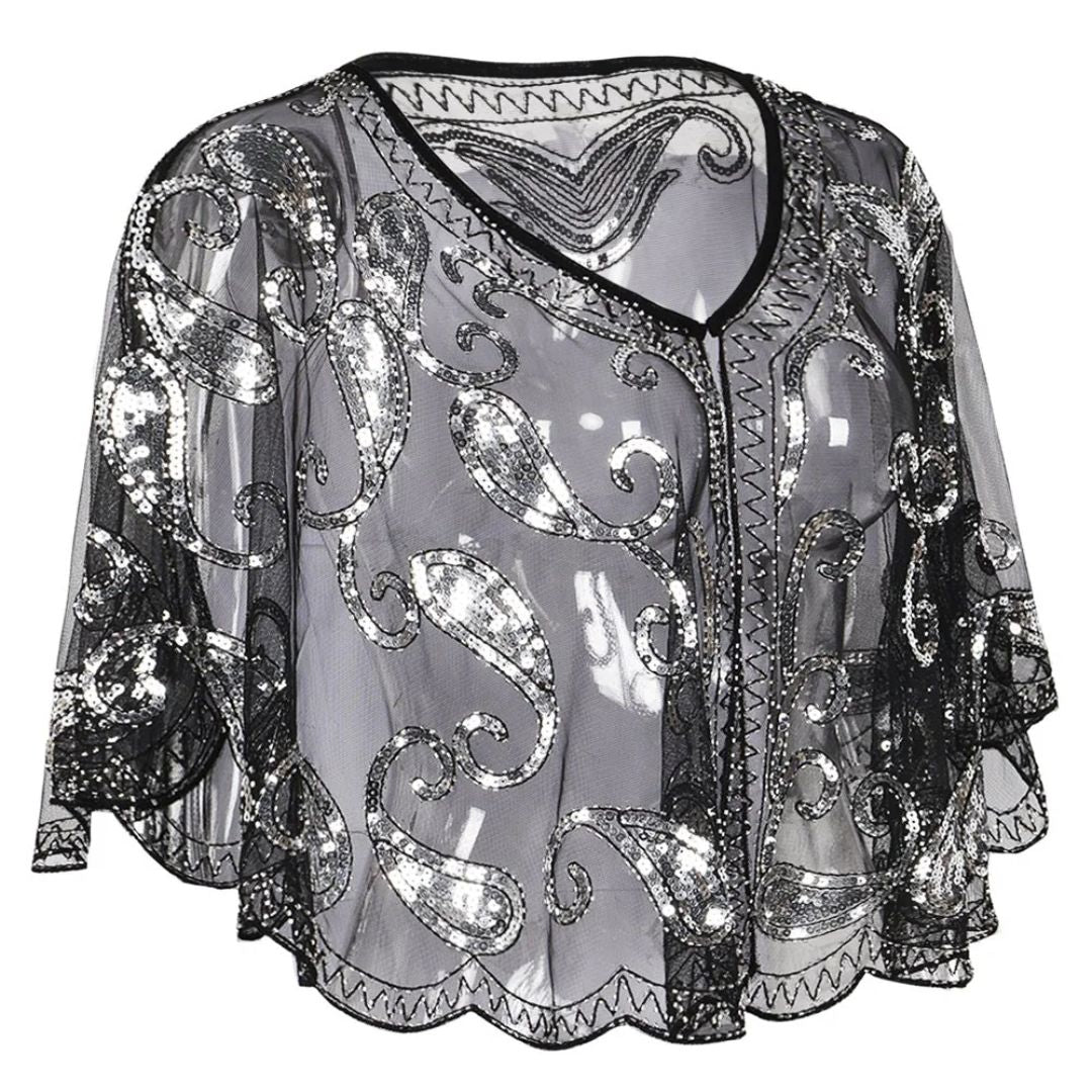 Schwarze Pailletten-Stola, transparent, elegantes Design, Abendmode, Damenbekleidung.