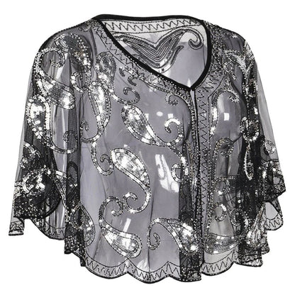 Schwarze Pailletten-Stola, transparent, elegantes Design, Abendmode, Damenbekleidung.
