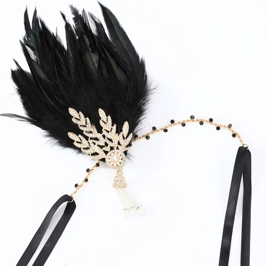 Schwarzes Feder-Stirnband mit Strassverzierung, Gatsby-Stil, 1920er Jahre, Vintage-Accessoire.