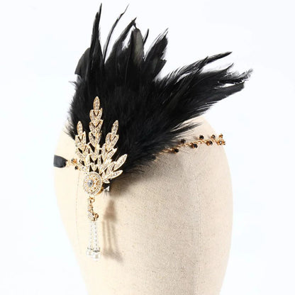 Schwarzes Feder-Stirnband mit goldenen Verzierungen, Gatsby-Stil, 1920er Jahre Accessoire.
