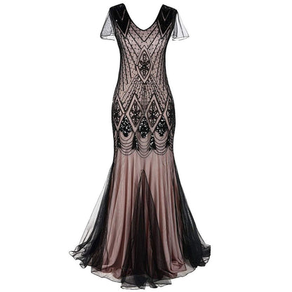 Schwarzes Abendkleid mit Pailletten, Tüll, V-Ausschnitt, ärmellos, elegantes Design.