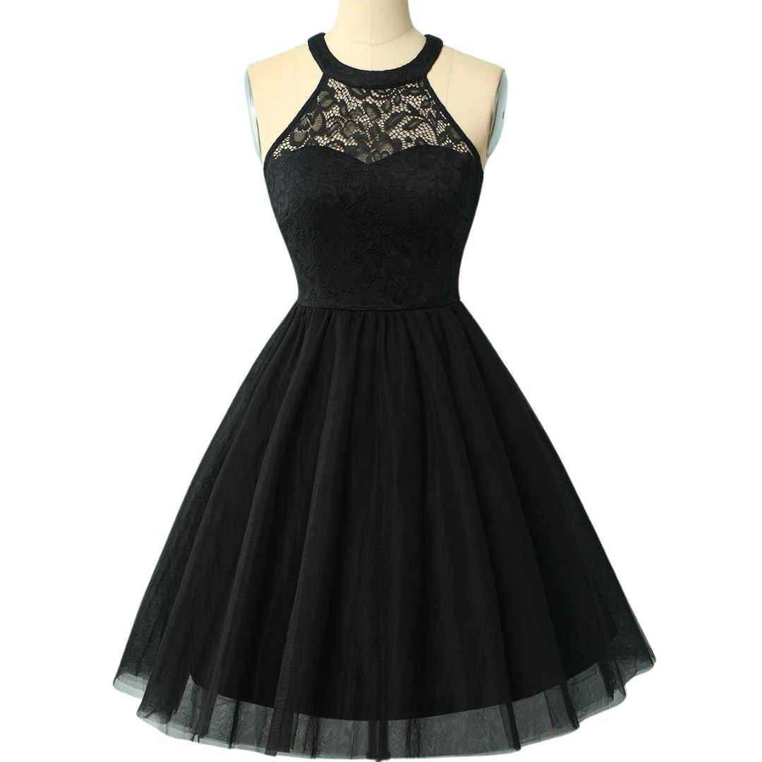 Schwarzes Spitzenkleid Damen, ärmellos, A-Linie, Cocktailkleid, elegant, Abendmode.