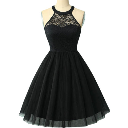 Schwarzes Spitzenkleid Damen, ärmellos, A-Linie, Cocktailkleid, elegant, Abendmode.