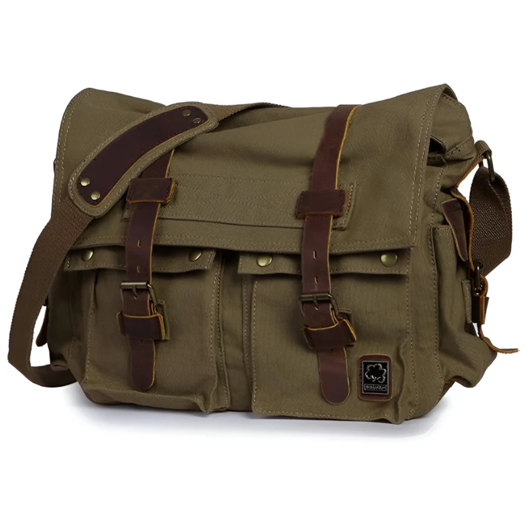 Kuriertasche aus Segeltuch, olivgrün, mit Lederakzenten, verstellbarem Schultergurt, Vintage-Stil.