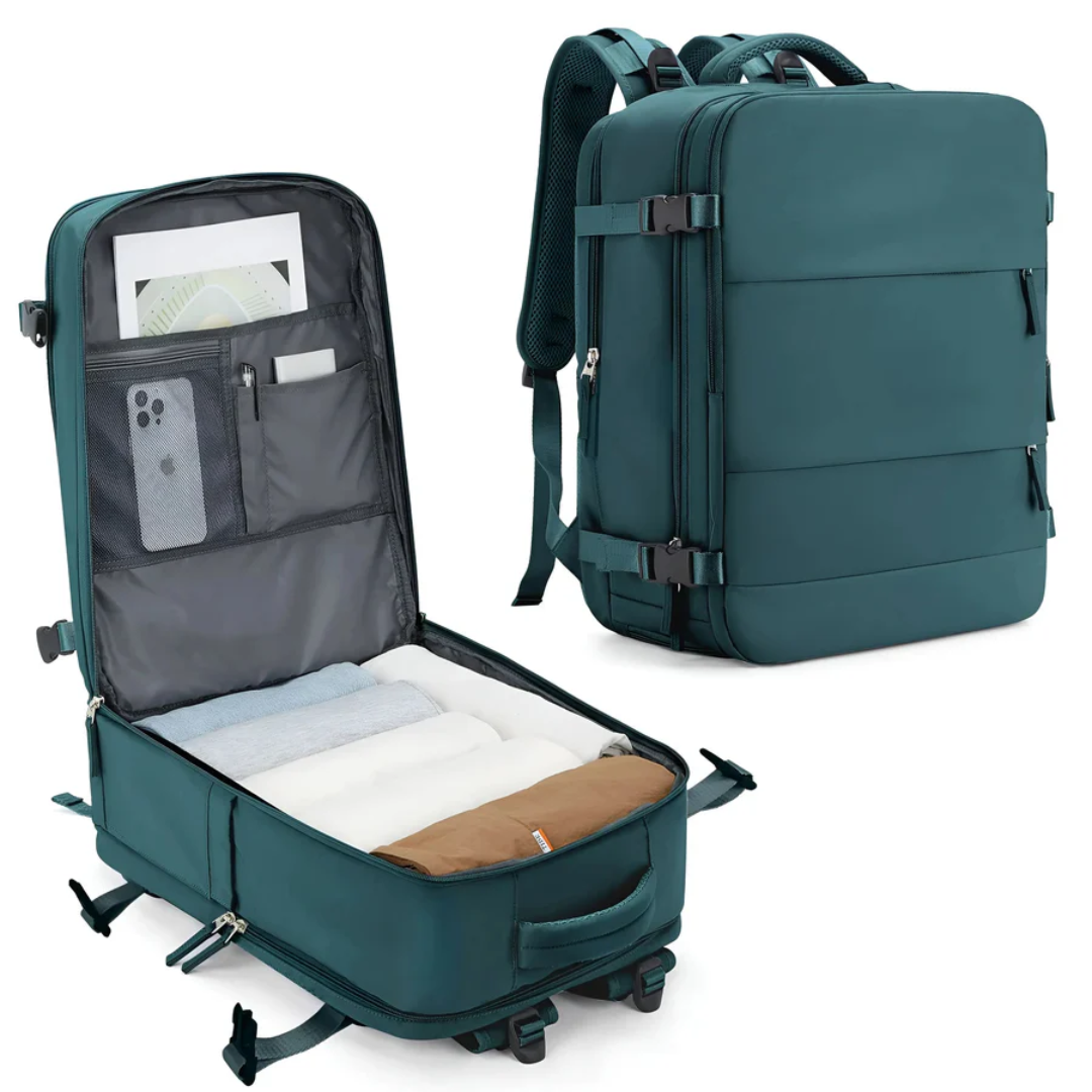 Grüner Reiserucksack, erweiterbar, mit Laptopfach, ideal für Reisen und Alltag.