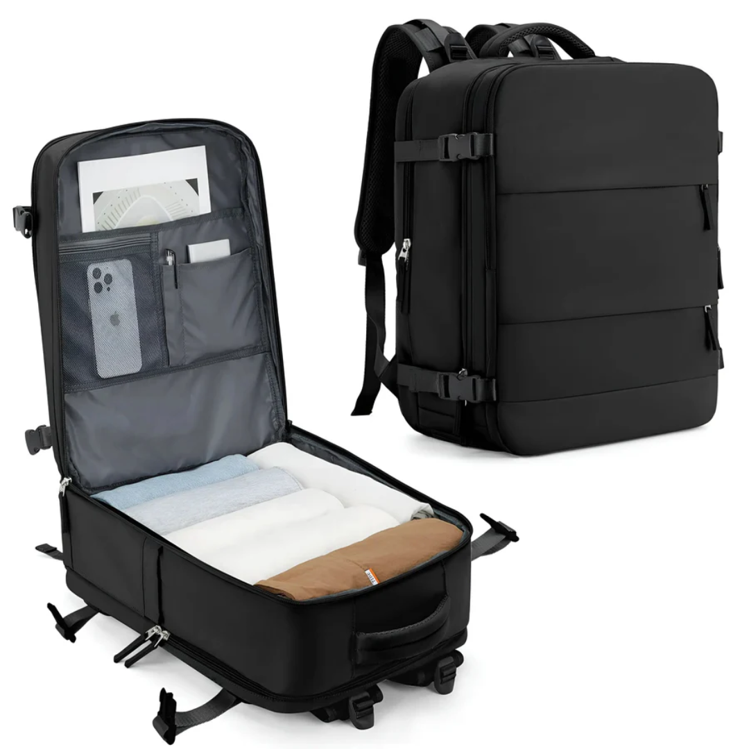 Schwarzer Reiserucksack, erweiterbar, mit Laptopfach, ideal für Reisen und Business.