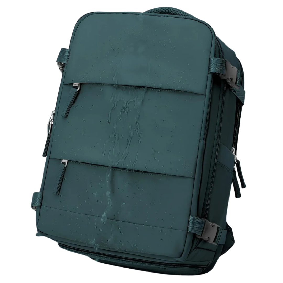 Wasserabweisender, grüner Rucksack mit mehreren Reißverschlusstaschen, ideal für Reisen.