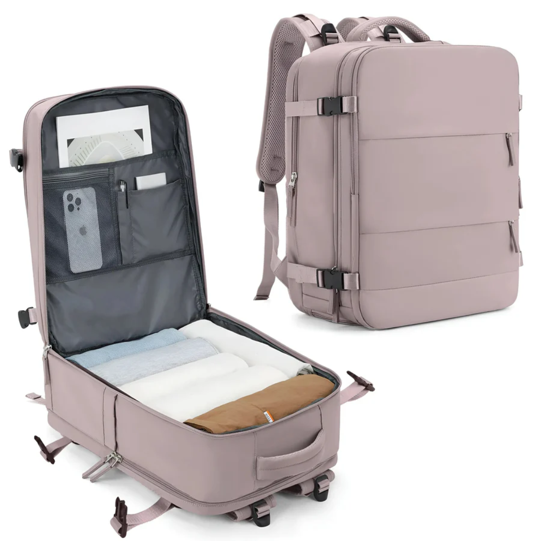 Rosa Reiserucksack, erweiterbar, mit Laptopfach, ideal für Reisen und Alltag.