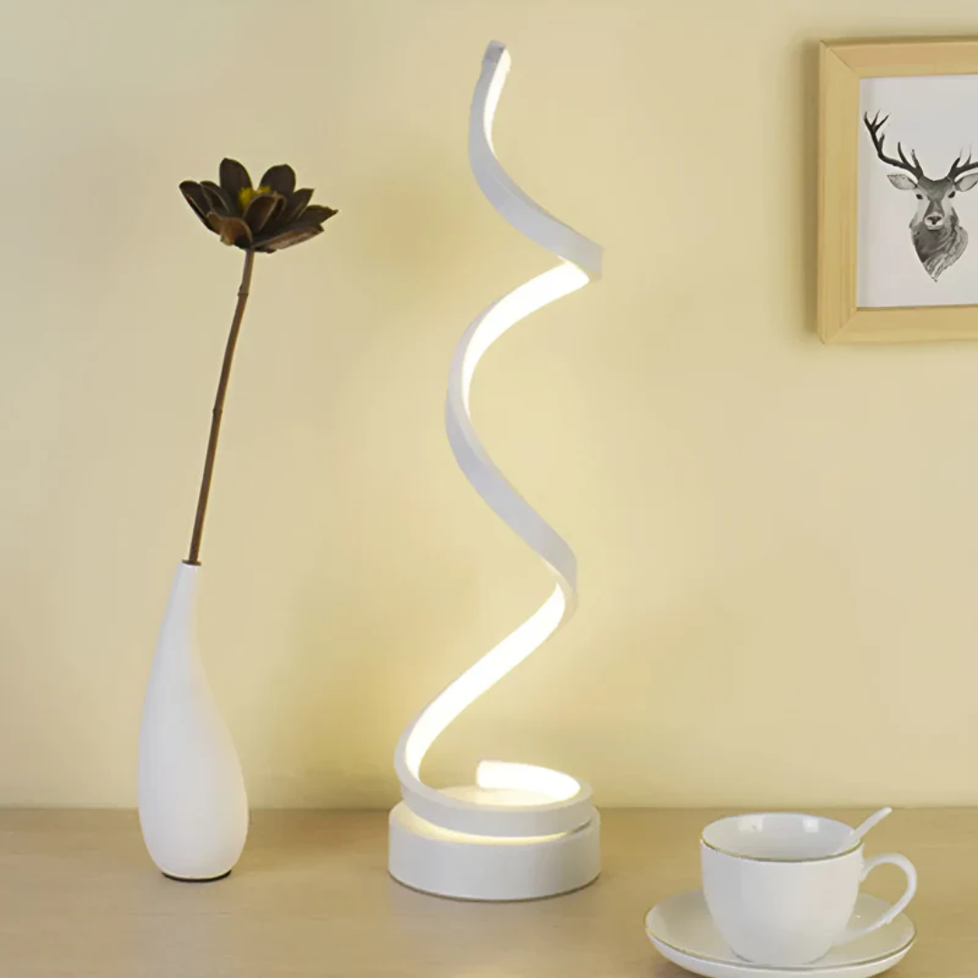 Moderne LED-Tischlampe, spiralförmig, weiß, energiesparend, dekorativ, Wohnzimmerbeleuchtung.